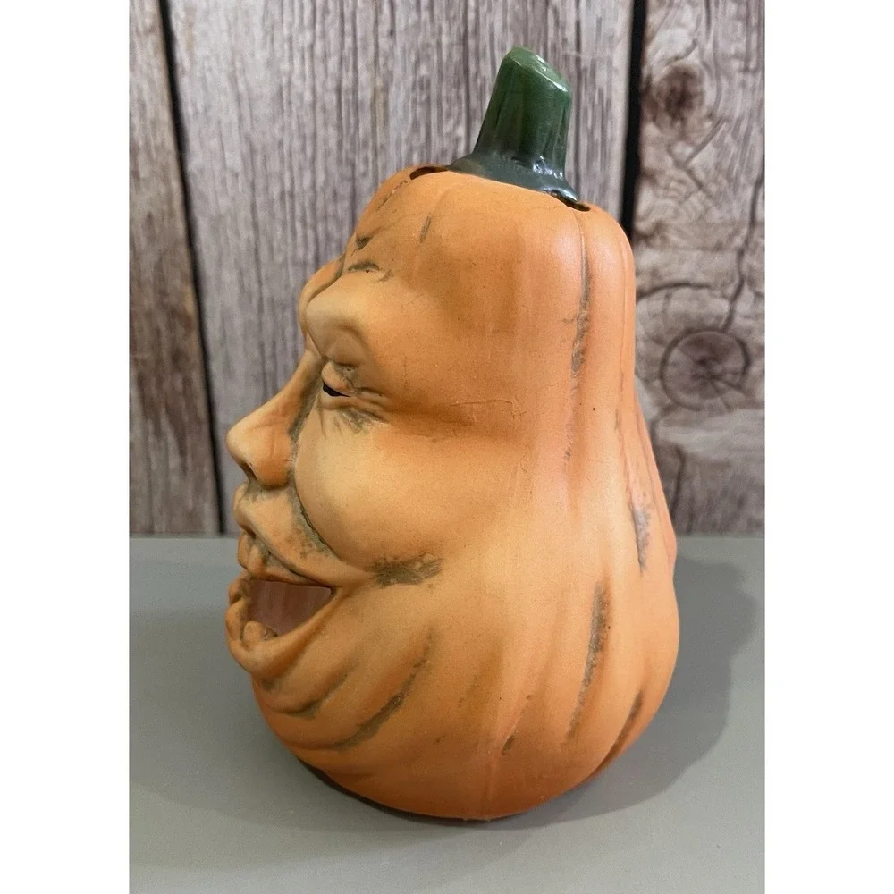 Vintage Halloween Ugly Face Pumpkin Jack o Lantern Votive Candle Holder Enesco